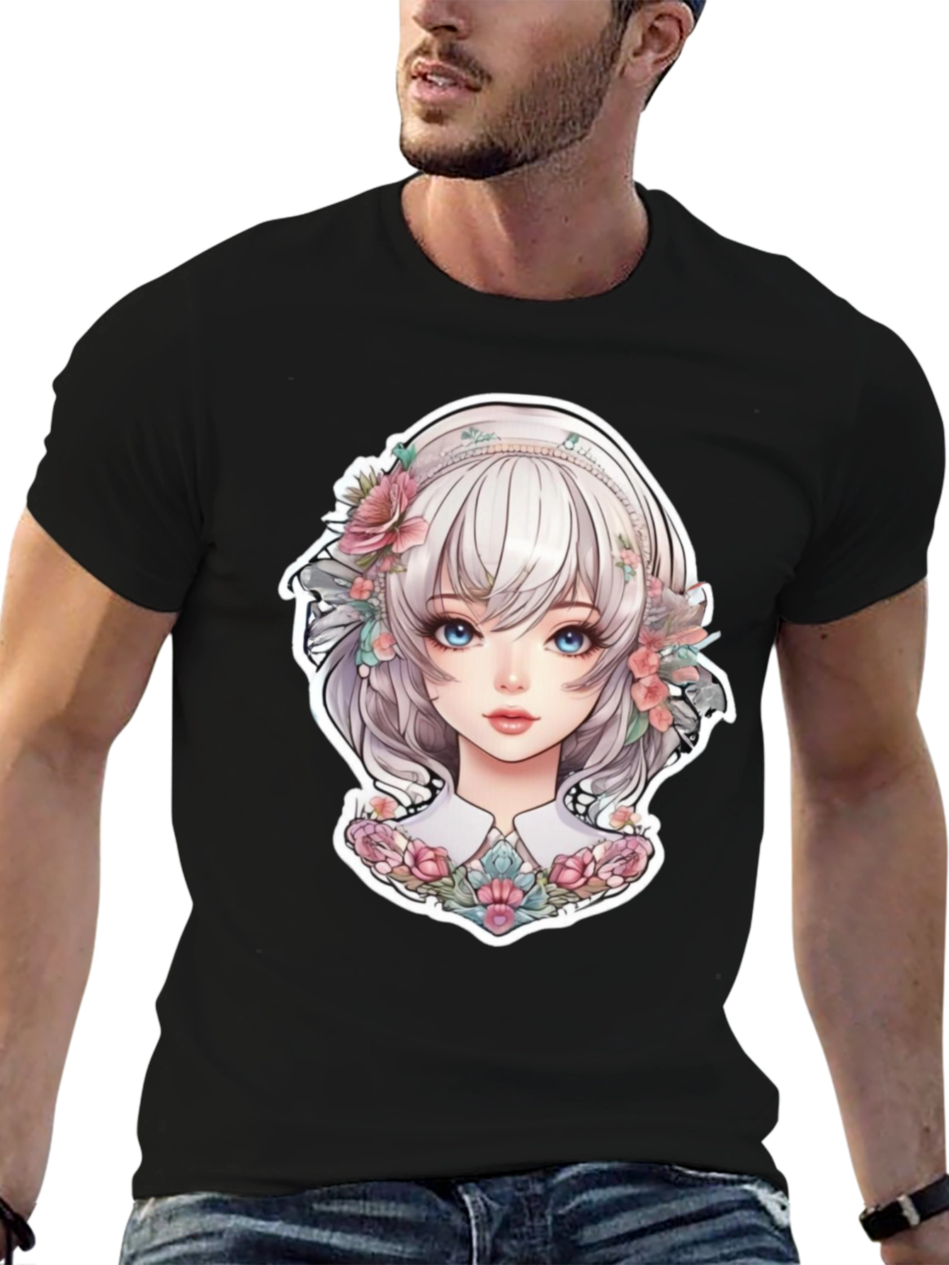 Anime Girl Floral Black T-Shirt