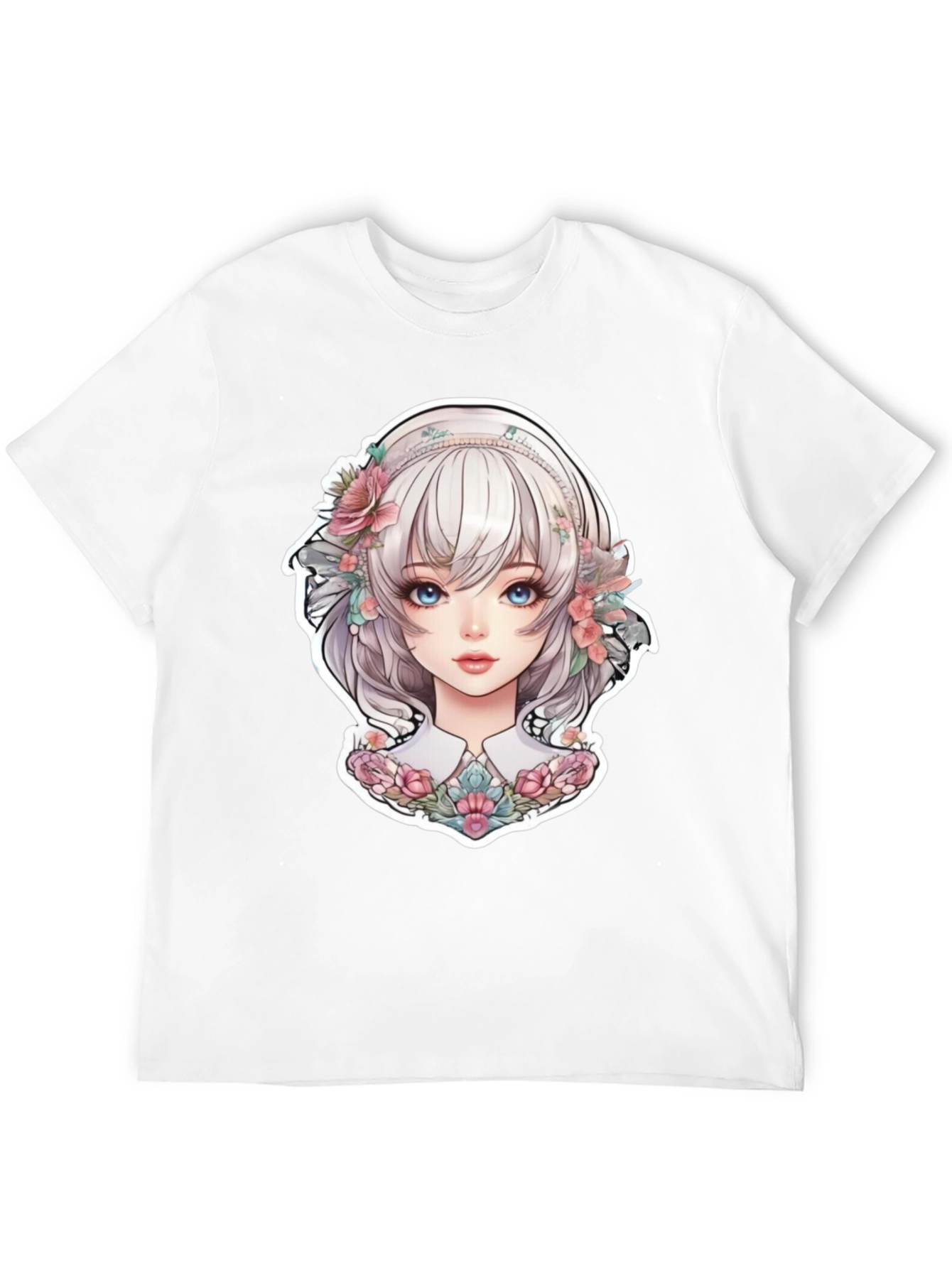 Anime Girl Floral Black T-Shirt