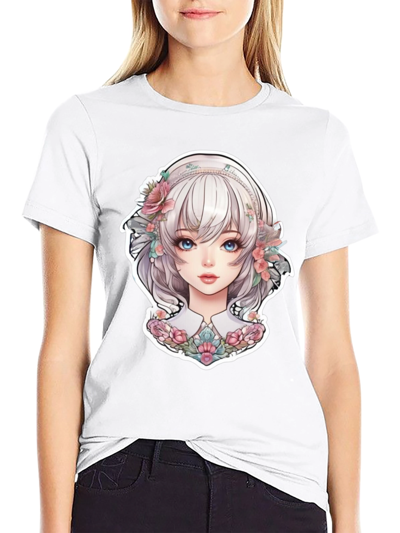 Anime Girl Floral Black T-Shirt