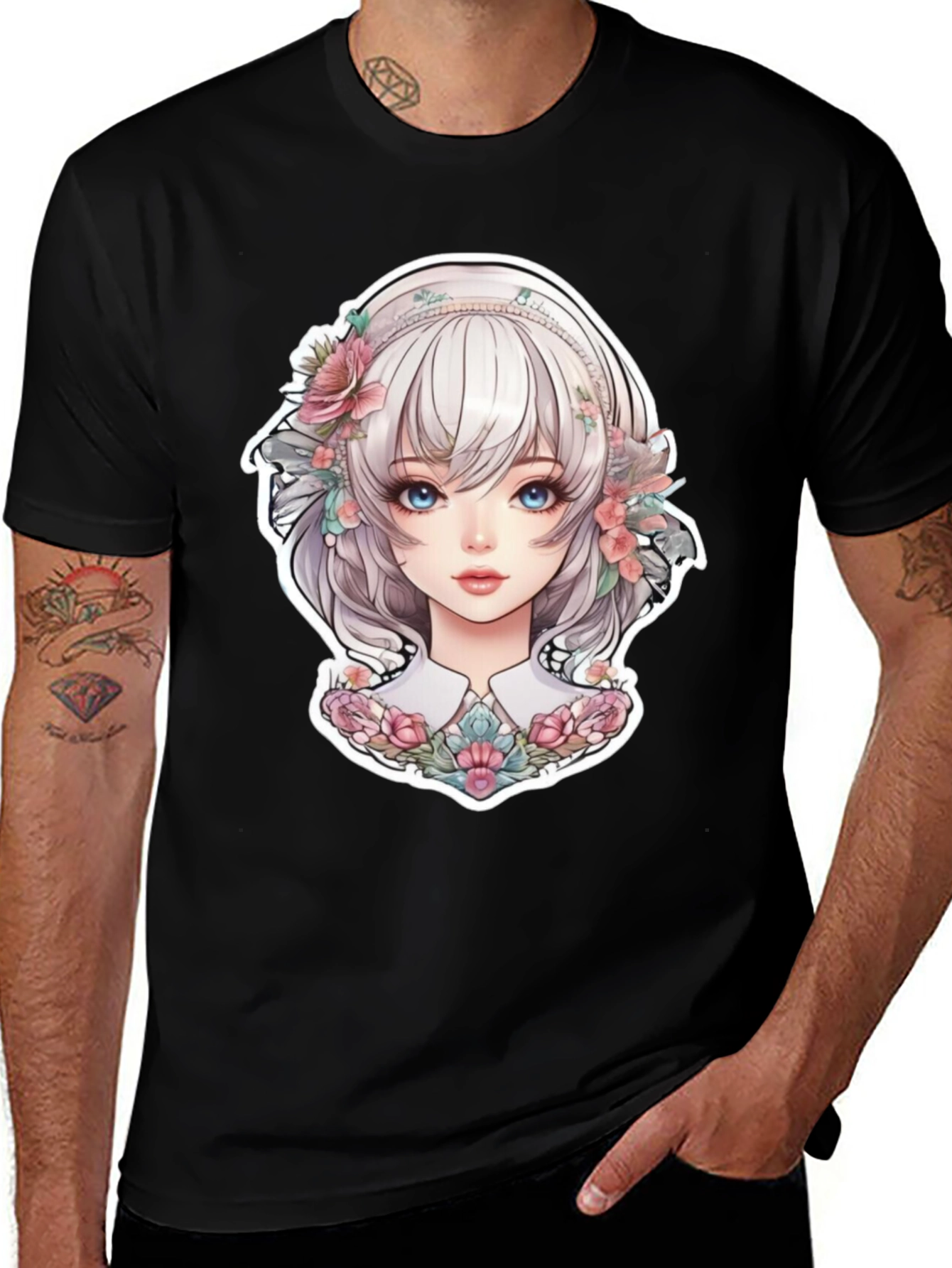 Anime Girl Floral Black T-Shirt