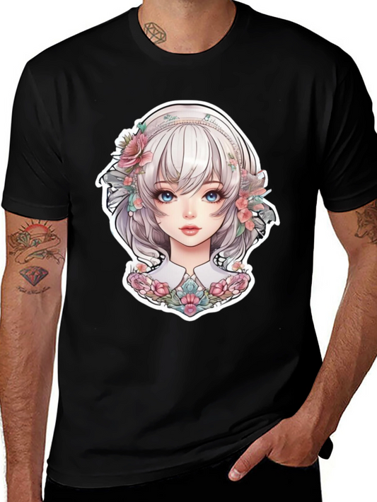 Anime Girl Floral Black T-Shirt