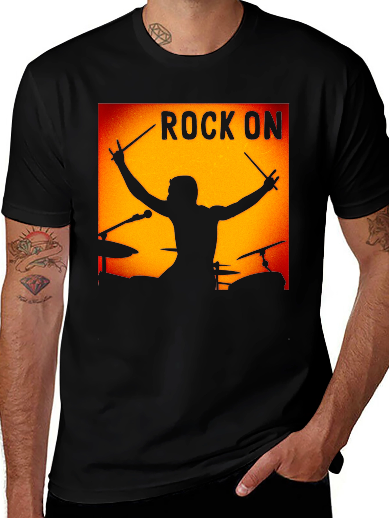 Rock On Drummer Graphic Black T-Shirt