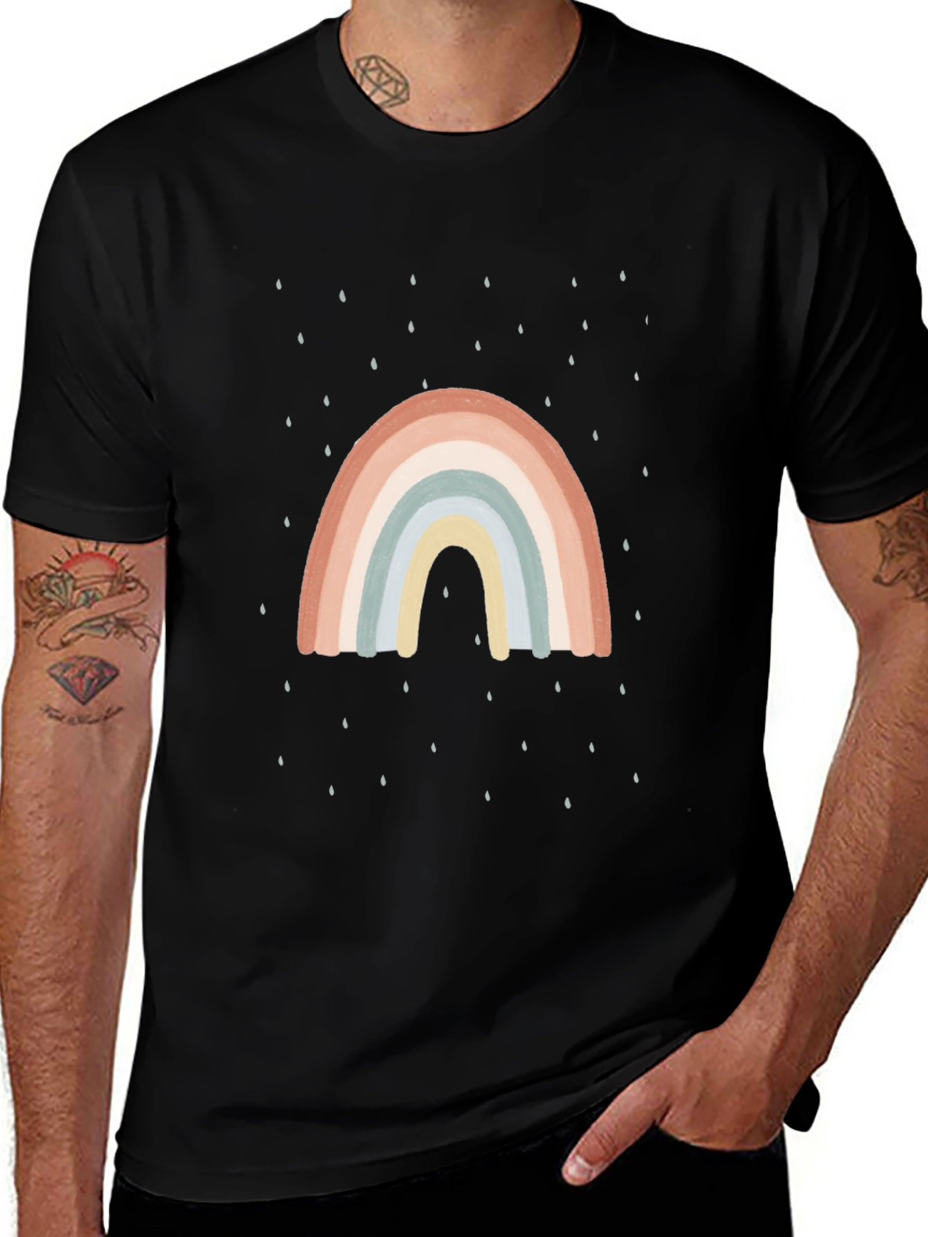 Retro Rainbow Rain Graphic Tee - Black Casual Shirt