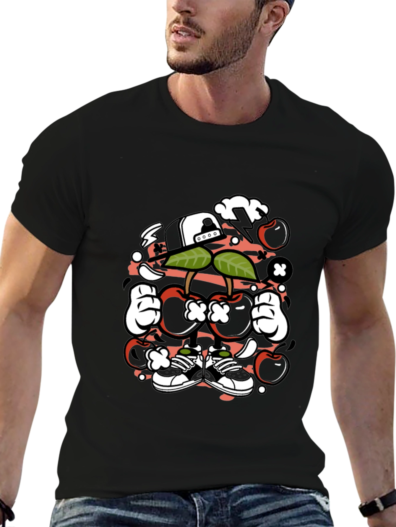 Unique Cartoon Cherry Graphic Black T-Shirt
