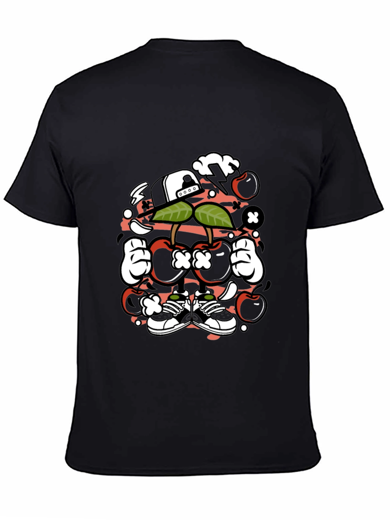 Unique Cartoon Cherry Graphic Black T-Shirt