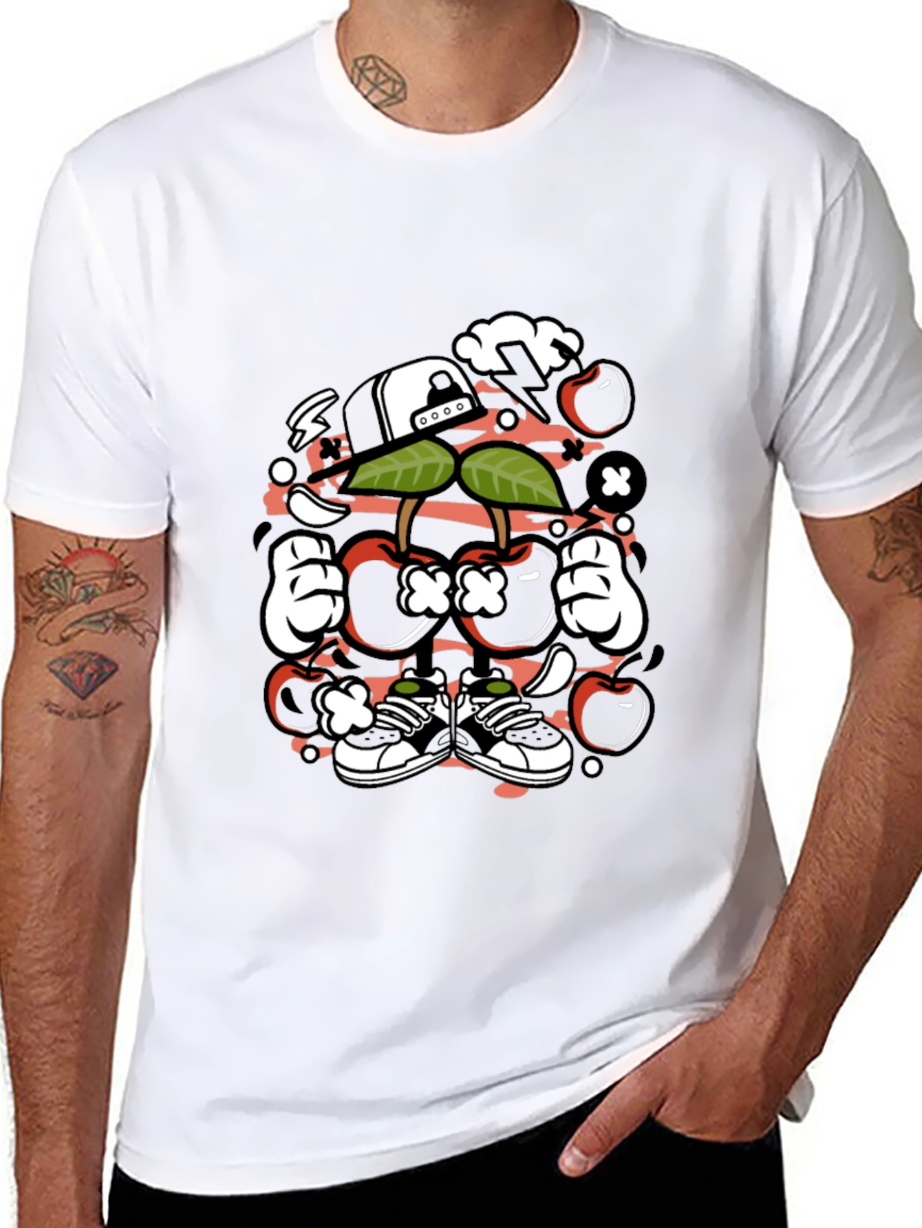 Unique Cartoon Cherry Graphic Black T-Shirt