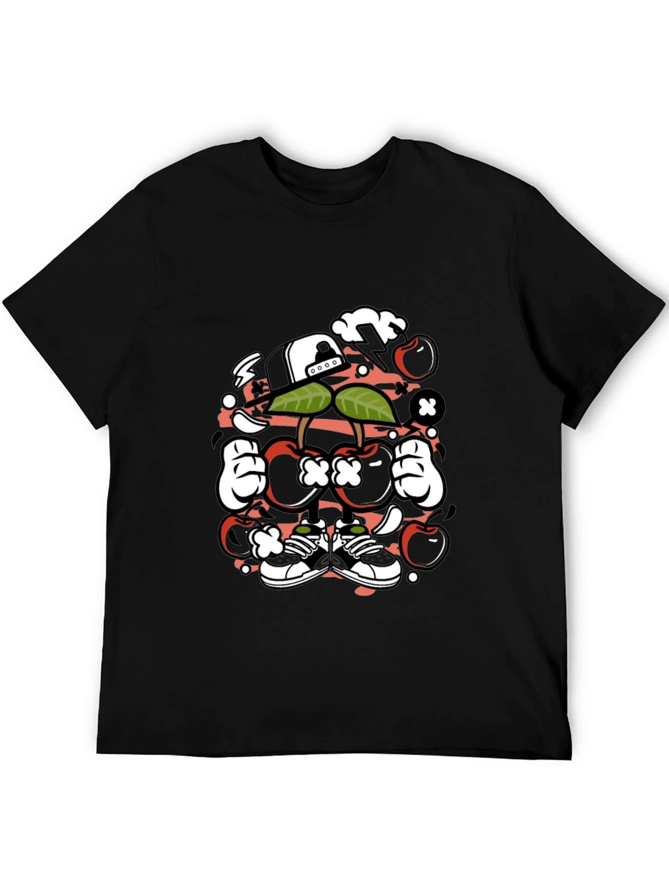 Unique Cartoon Cherry Graphic Black T-Shirt