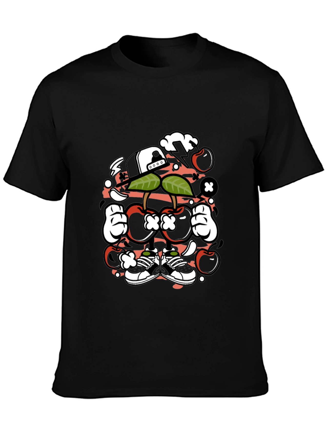Unique Cartoon Cherry Graphic Black T-Shirt