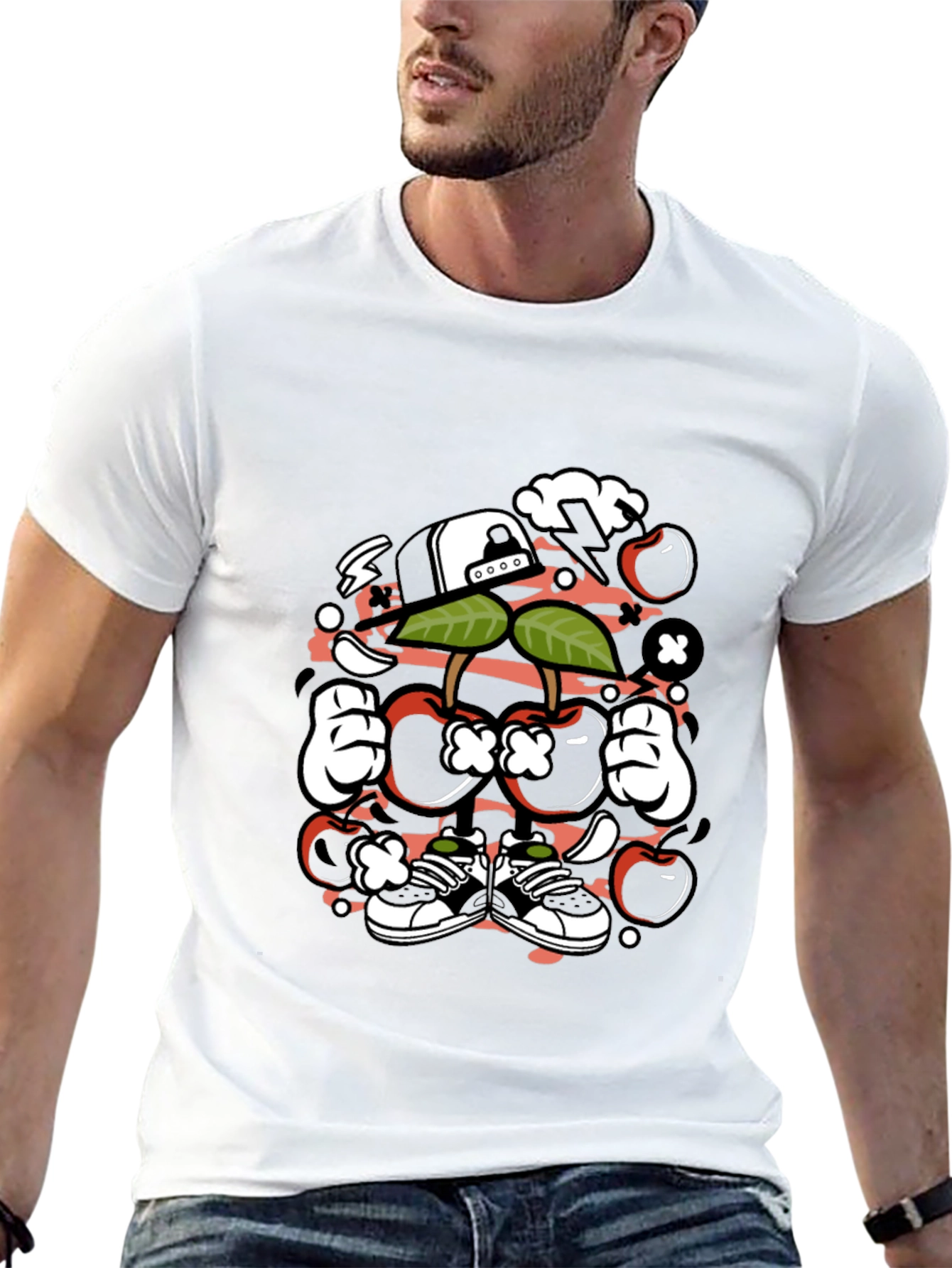Unique Cartoon Cherry Graphic Black T-Shirt