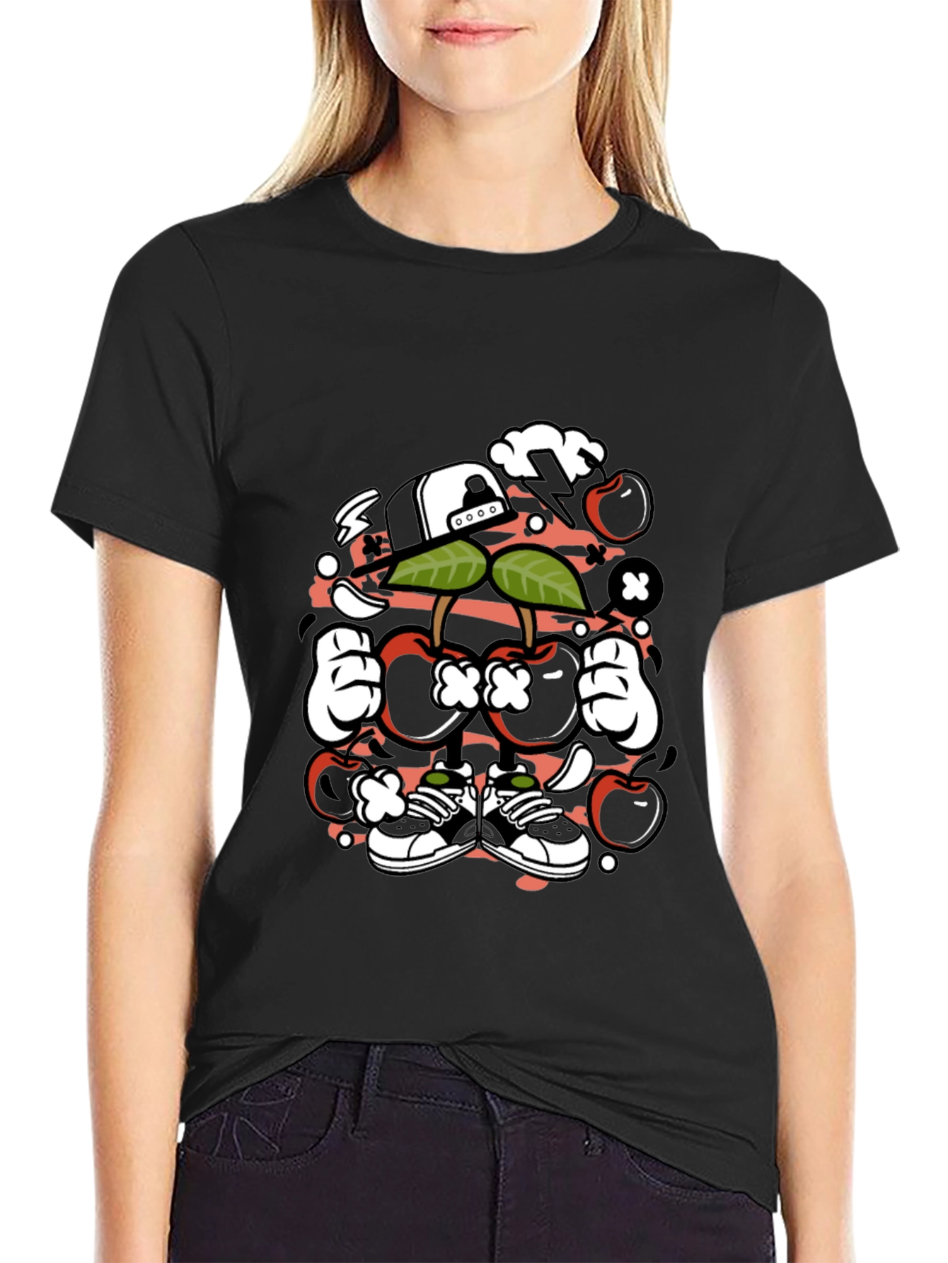 Unique Cartoon Cherry Graphic Black T-Shirt