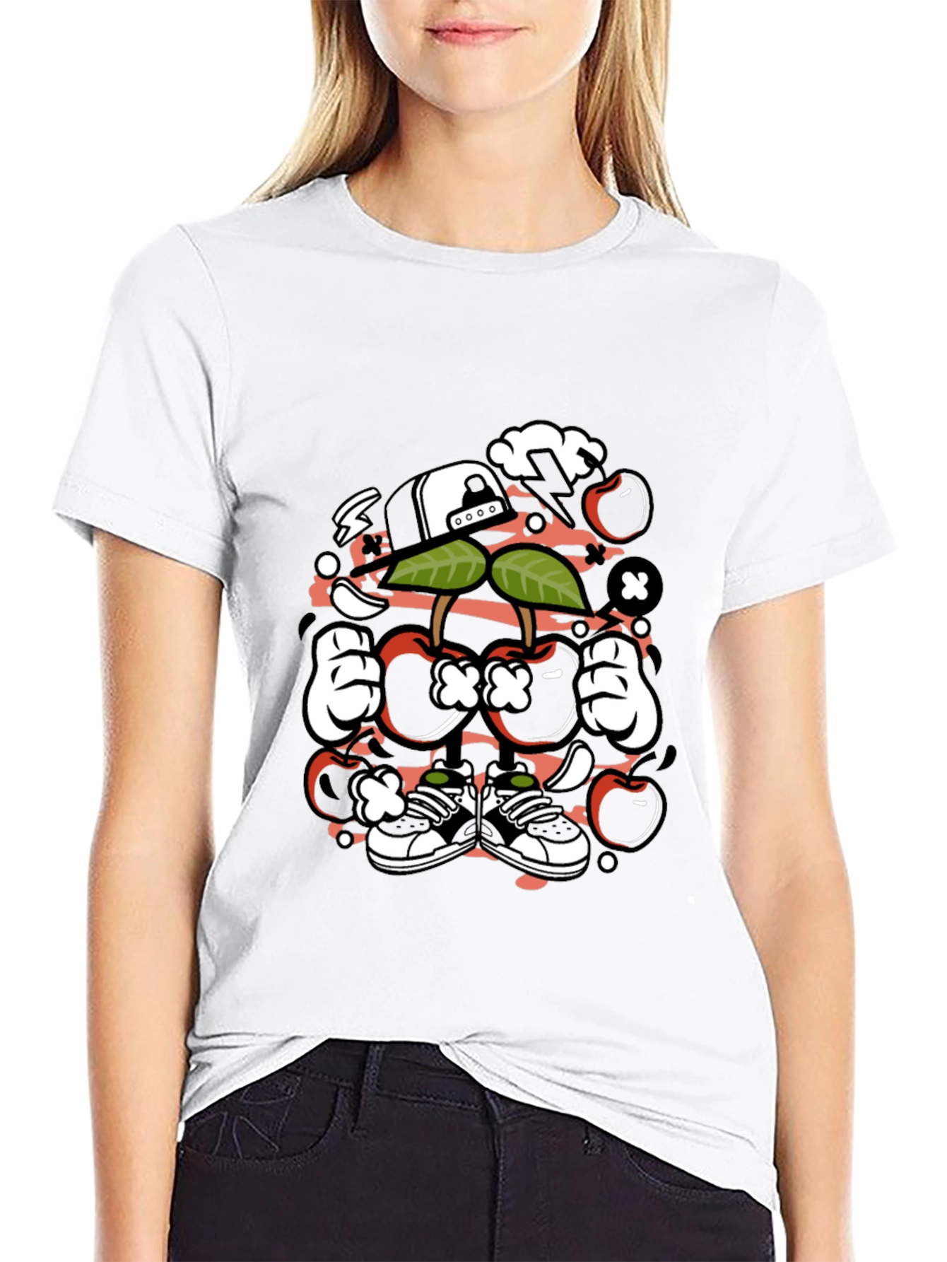 Unique Cartoon Cherry Graphic Black T-Shirt
