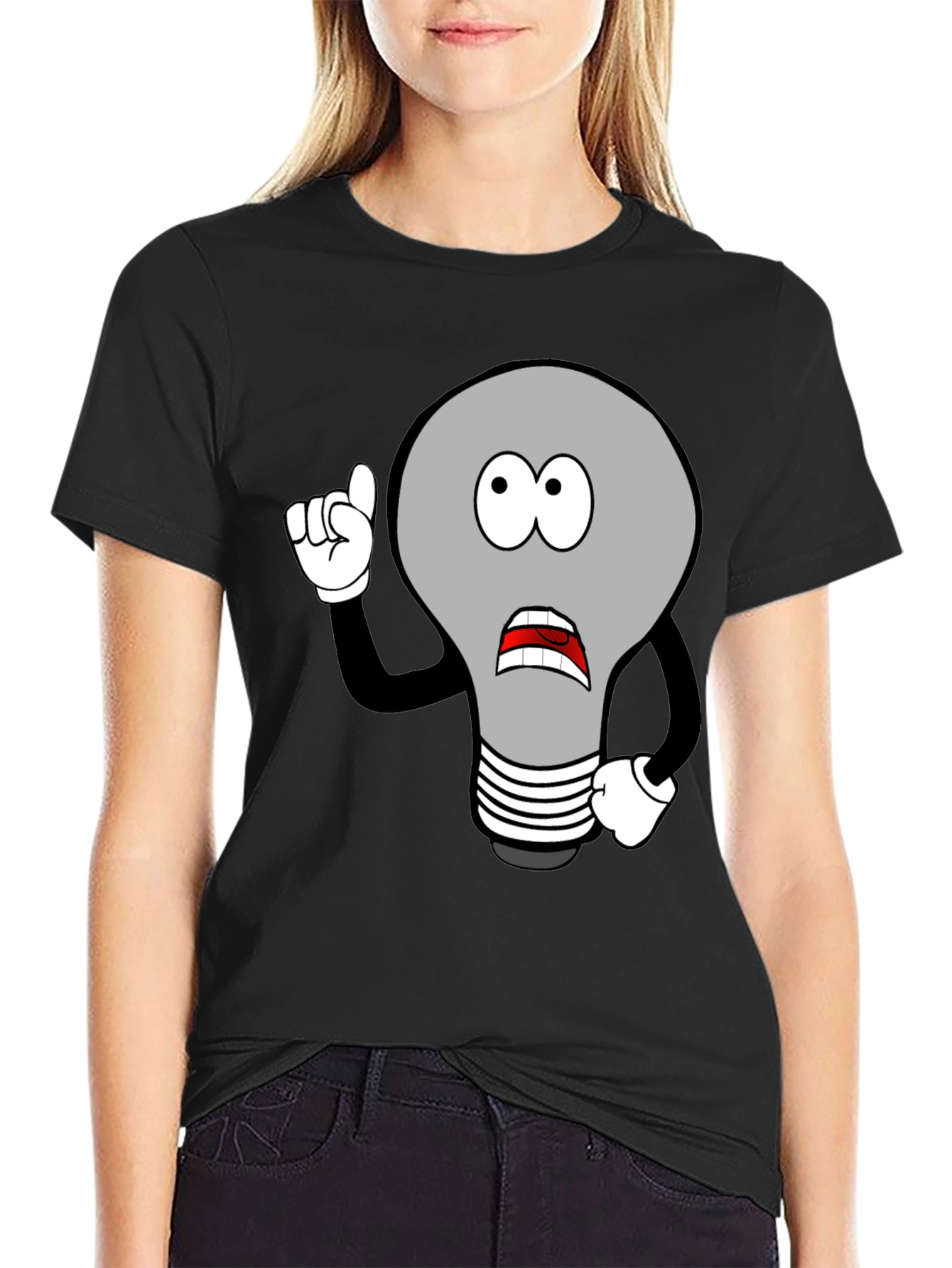 Cartoon Light Bulb Graphic Black T-Shirt