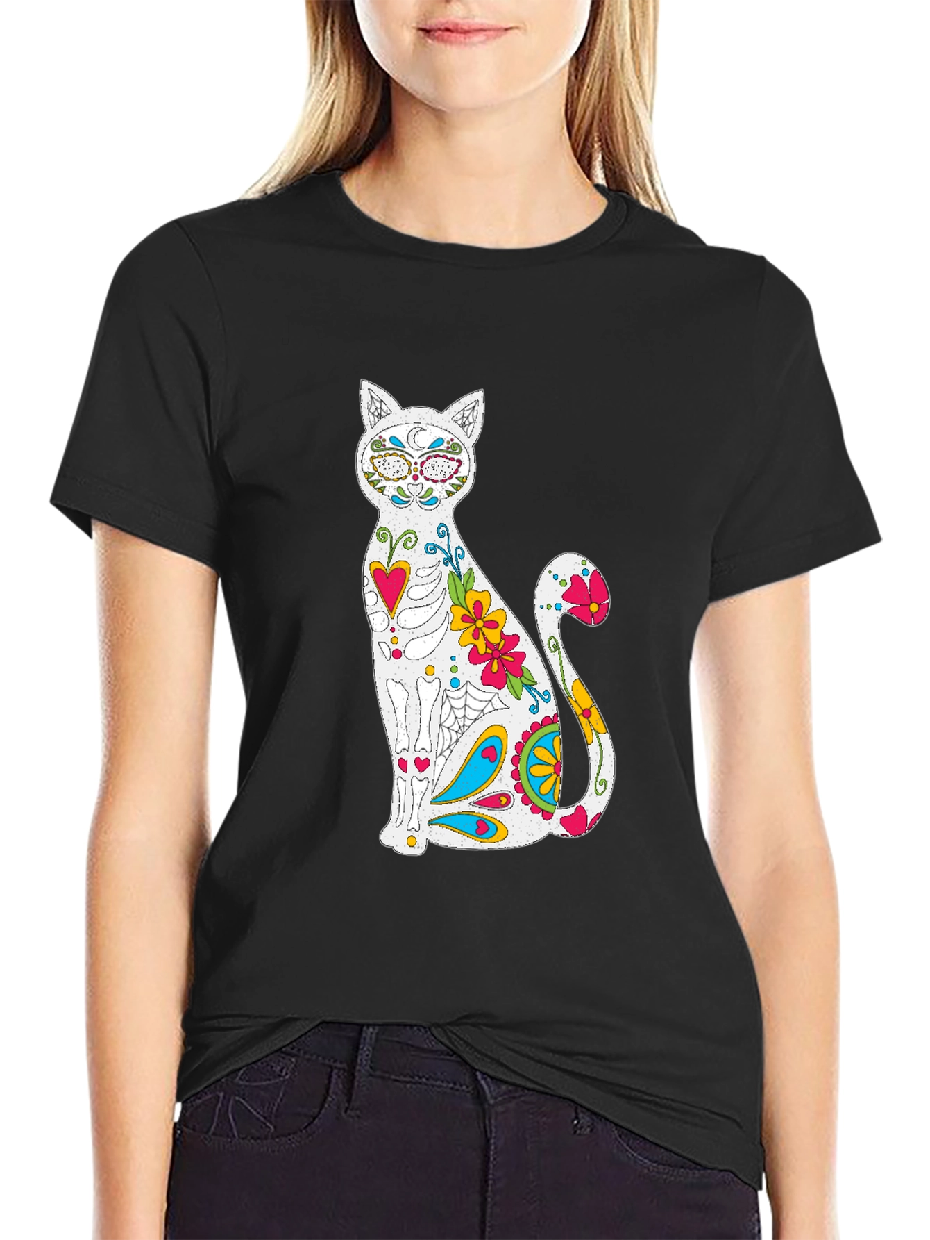 Sugar Skull Cat Graphic T-Shirt