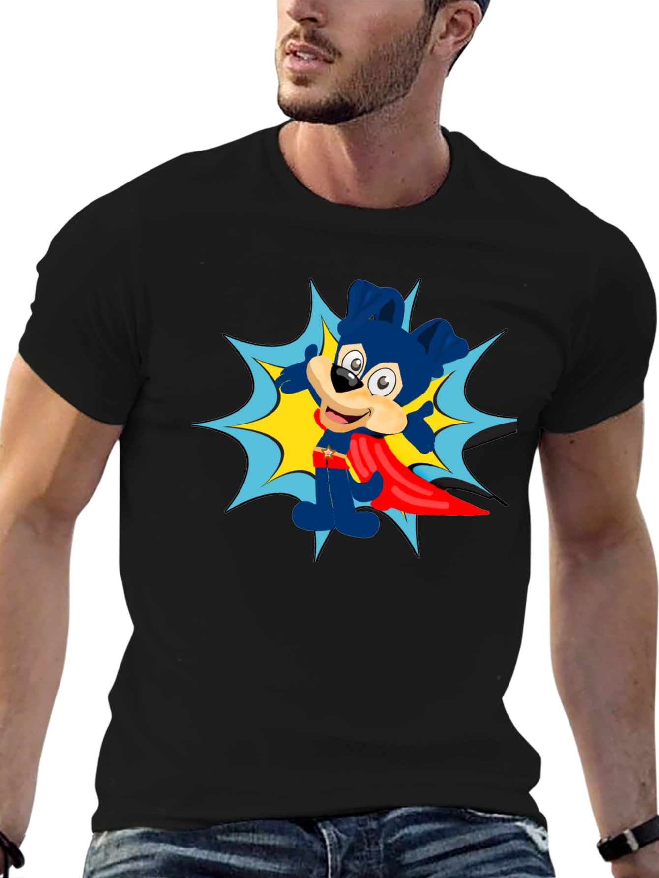 Cartoon Superhero Dog Black T-Shirt