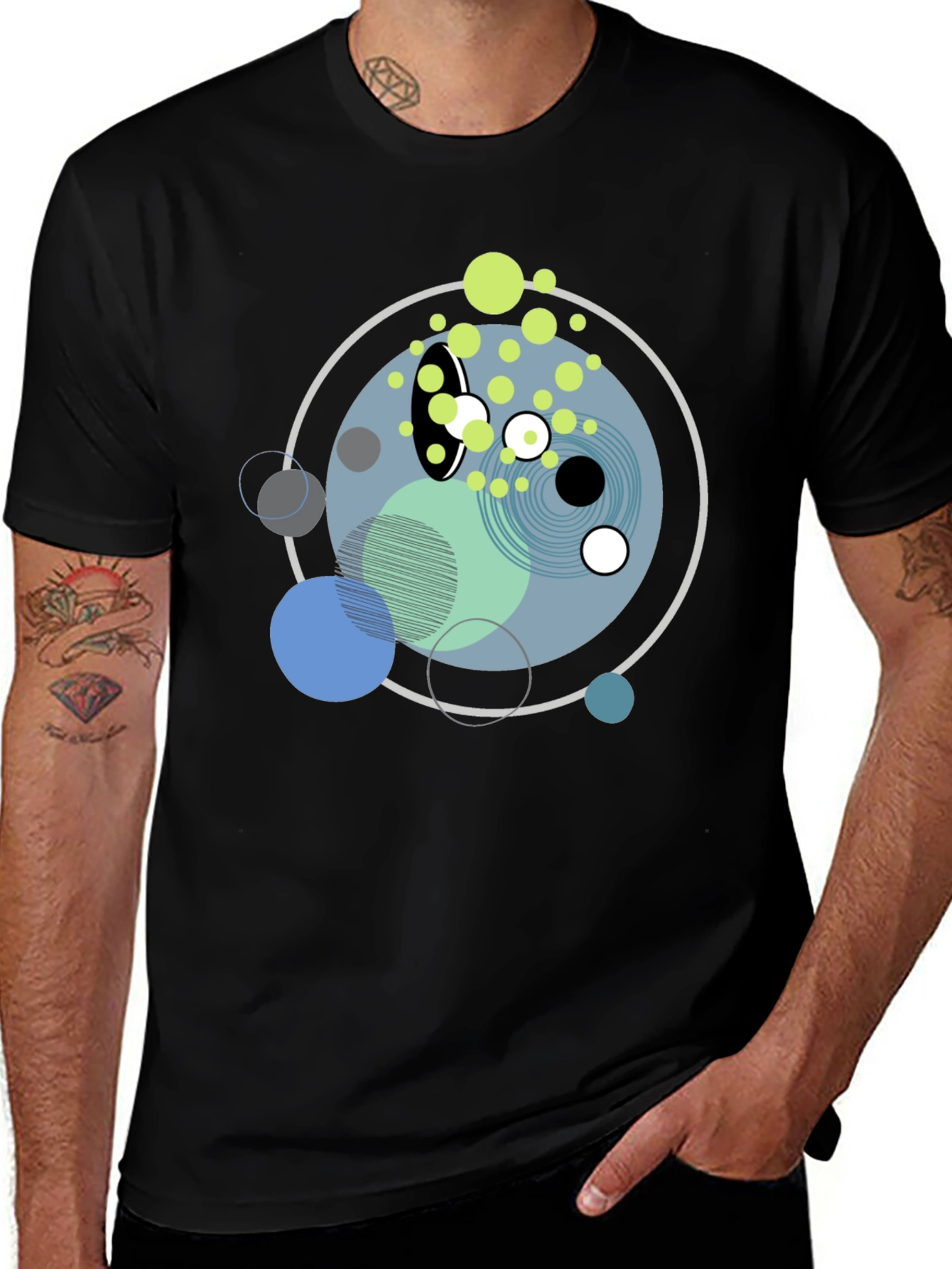 Abstract Geometric Circles Graphic Black T-Shirt