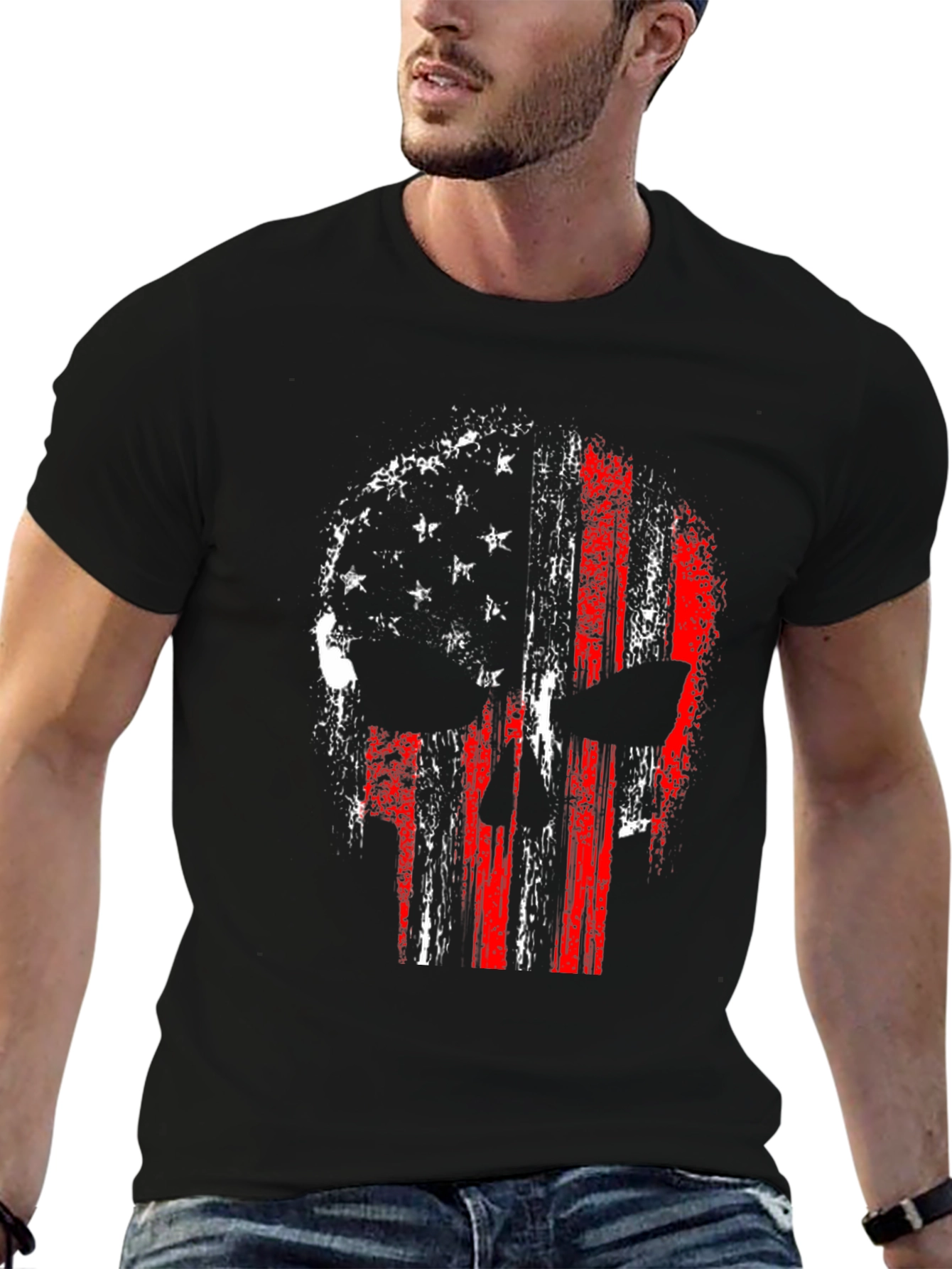 American Flag Punisher Skull Graphic Tee - Black