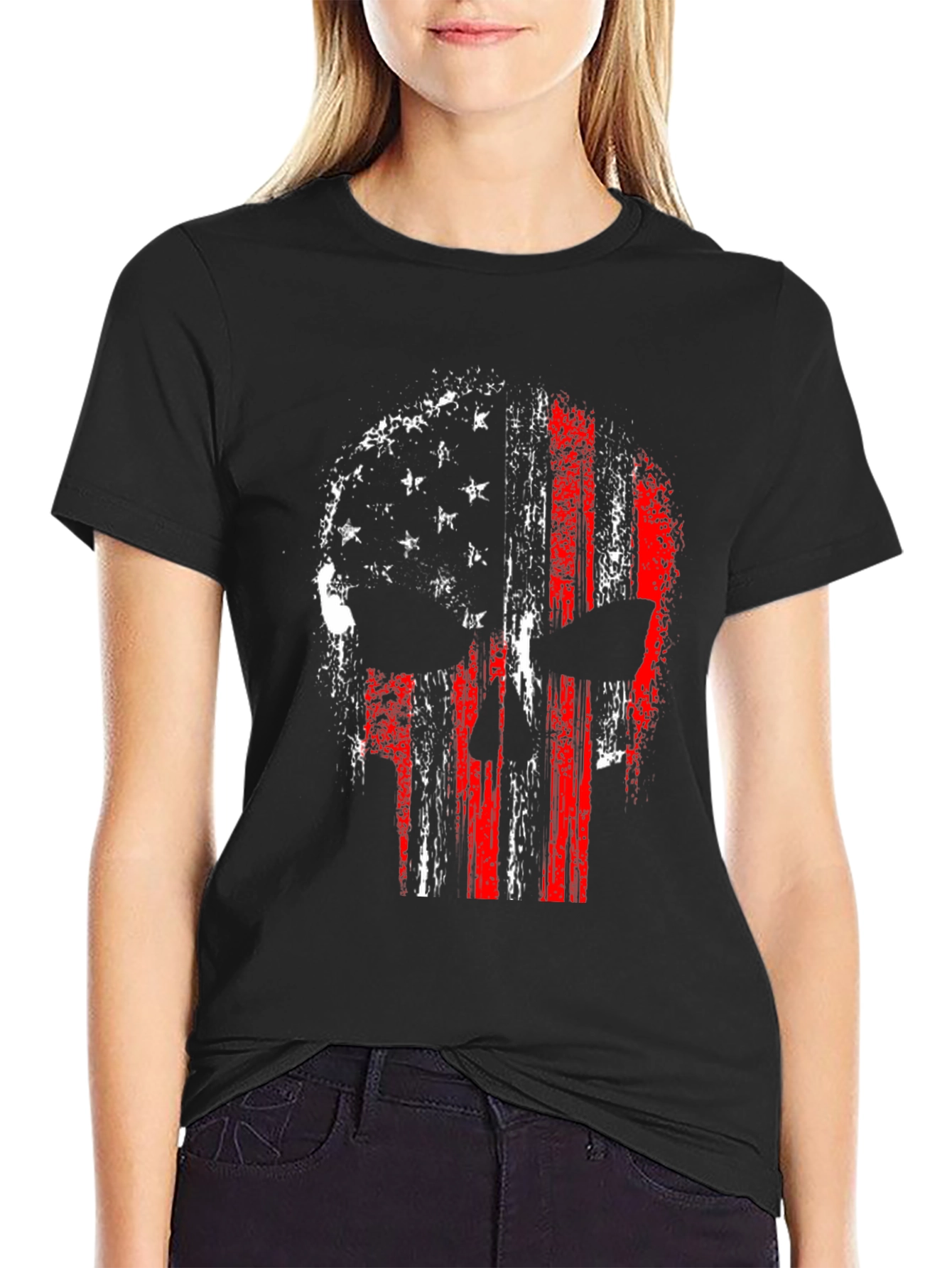 American Flag Punisher Skull Graphic Tee - Black