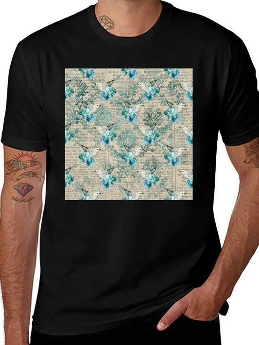 Vintage Bird & Floral Print Black T-Shirt